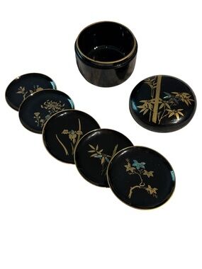 Vintage Japanese Black Lacquerware Coaster Set - 6pc includes Lidded Box